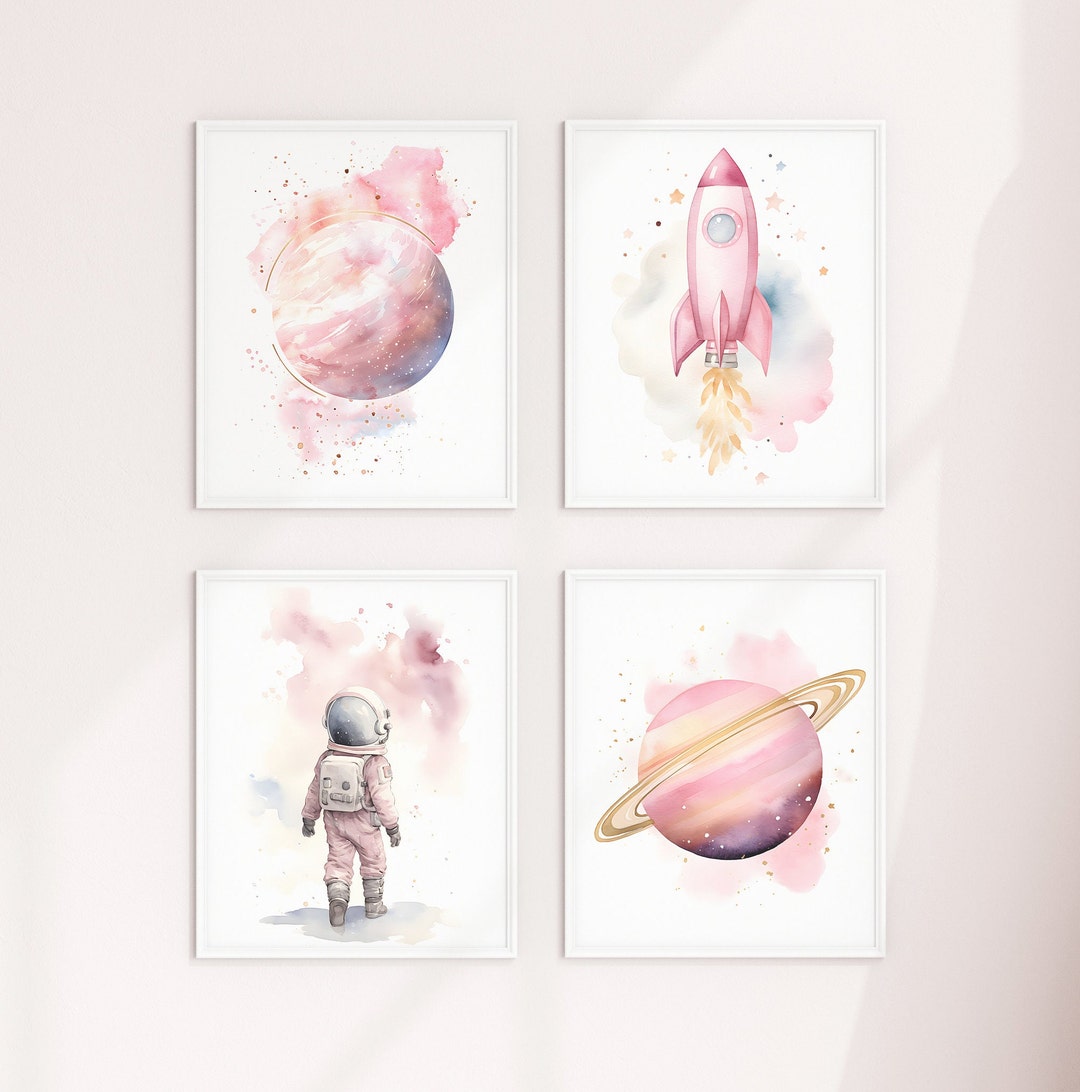 Pink Nursery Decor Space Girl Set of 4 Poster or Canvas, Nursery Wall ...