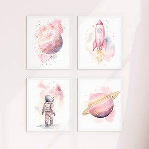 Pink Nursery Decor Space Girl Set de 4 carteles o lienzos, espacio de arte de pared de vivero, impresiones de vivero de luna de acuarela, impresión de astronauta del espacio exterior