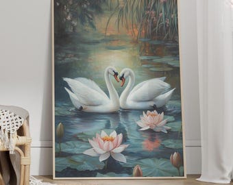 Romantic White Swans on a Lily Pond William Morris Inspires Oil