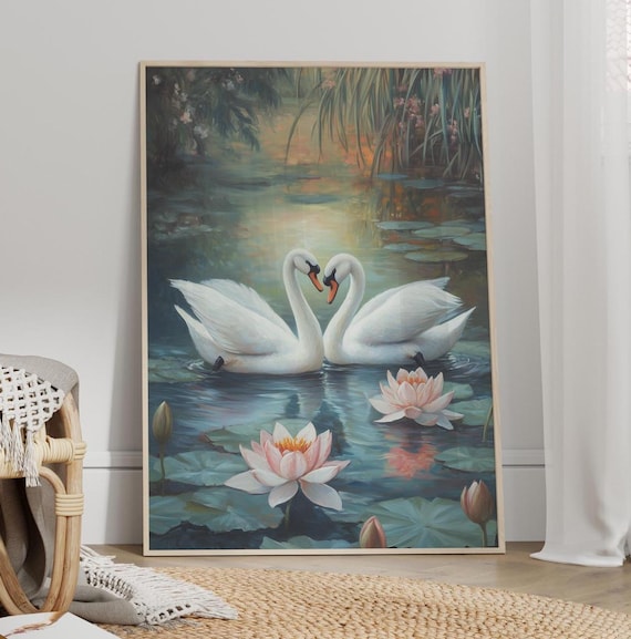 Romantic White Swans on a Lily Pond William Morris Inspires Oil