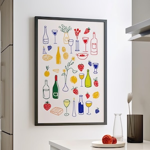 Retro Food and Drinks Line Art Poster or Canvas Print, Dinner Table Food Illustration, Minimalist Colorful Wall Art, Children Drawing Print