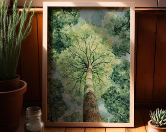 May include: A framed watercolor painting of a tall tree with green leaves, viewed from below. The tree trunk is brown and the background is a light blue sky with white clouds.