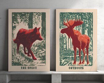 Retro Wolf and Moose Wall Art Set of 2 Poster or Canvas Print, Hunting Cabin Decor, Outdoorsy Nature Prints Gift for Dad, Rustic Home Poster