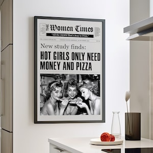 ピザを食べるホットな女の子のヴィンテージ新聞ポスターまたはキャンバス、楽しんでいる女性の壁アート、白黒プリント、ガーリーな壁アート、バーカートの装飾
