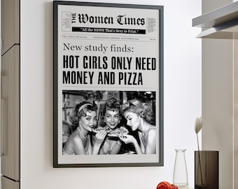 Poster vintage di giornale o tela con ragazze sexy che mangiano pizza, donne che si divertono, arte murale, stampa in bianco e nero, arte murale femminile, decorazione per carrello bar