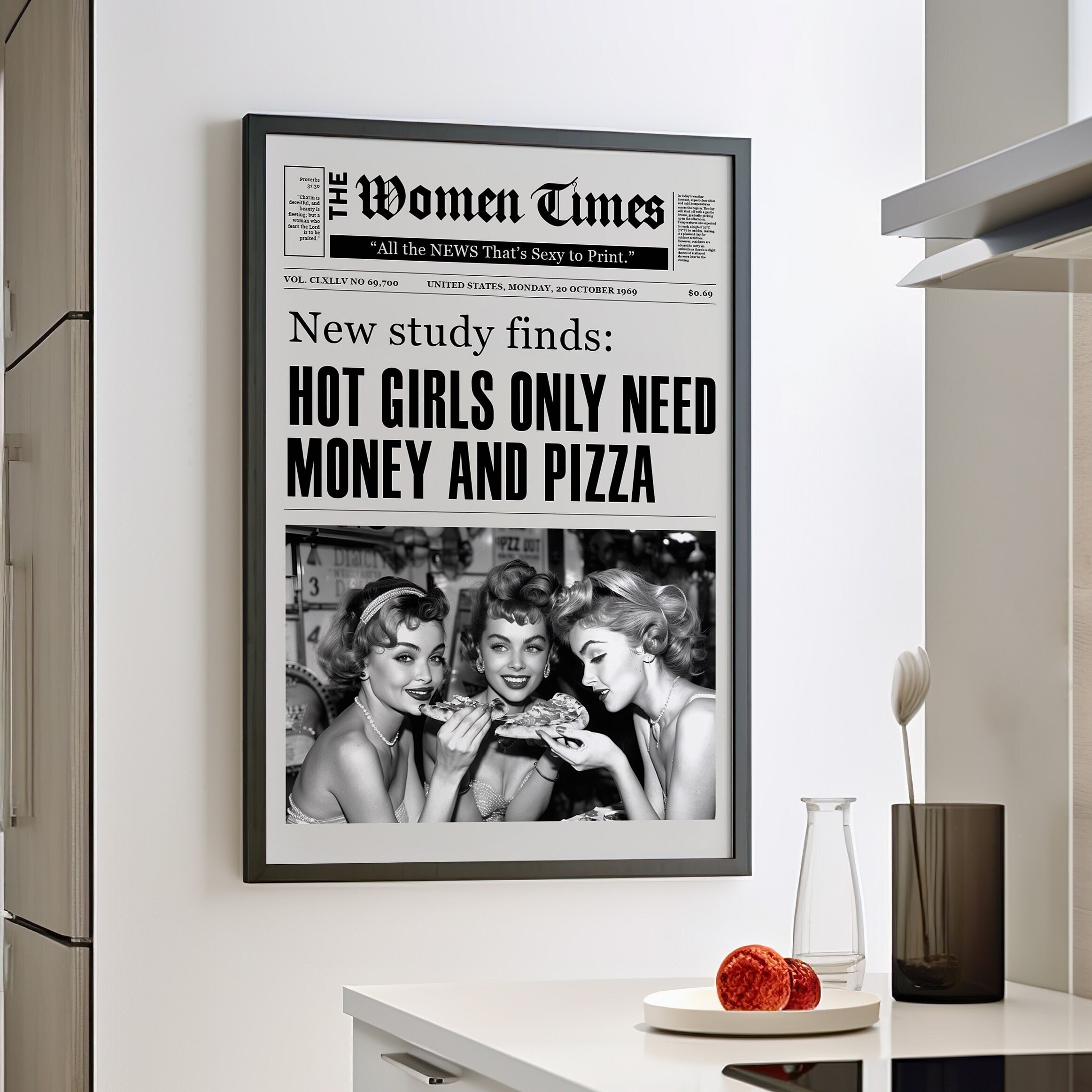 Hot Girls Eating Pizza Vintage Newspaper Poster or Canvas, Women