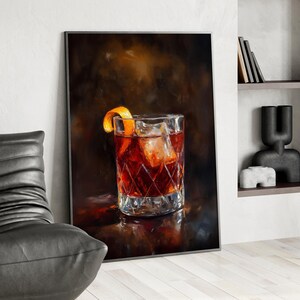 Boulevardier Cocktail Oil Painting Poster or Canvas, Cocktail in Whiskey Glass Print, Unique Man Cave Decor Perfect Gift For Cocktail Lovers