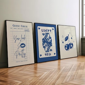 Blue Retro Trendy Art Prints 3 Piece Set Poster or Canvas, You Look So Pretty Print Guest Check Art Queen of Hearts Lucky You Card Decor