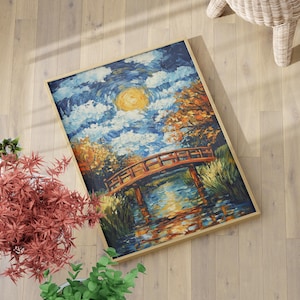 Small Bridge Over Flowing Water Van Gogh Inspired Starry Sky Oil Painting Poster or Canvas, Moonlit Japanese Wooden Arch Bridge Wall Art
