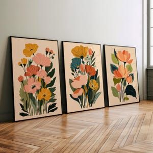 Modern Boho Abstract Flowers Set of 3 Poster or Canvas Print, Abstract Floral Print, Retro Mid-Century Vintage Poster, Terracotta Pink Decor