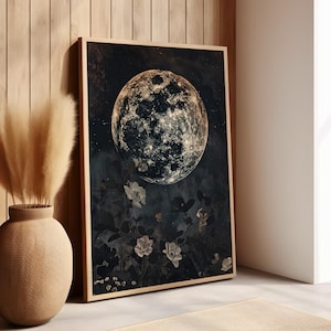 Moon Eclipse Botanical Painting Poster or Canvas Print, Celestial Moon Floral Print, Dark Cottagecore Decor, Moody Floral Lunar Wall Decor