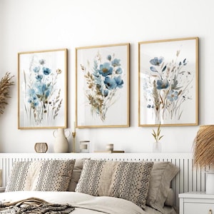 Ensemble de 3 affiches de peinture de fleurs bleues bohèmes aquarelles, impression de fleurs de Bohème, décoration florale de salon de fleurs d'aquarelle