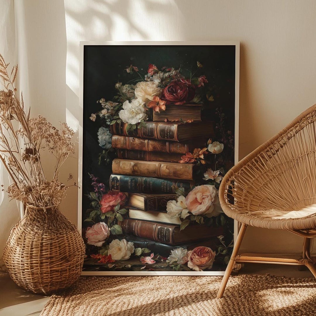 Book Stack Wall Art Poster or Canvas Print, Moody Vintage Floral ...