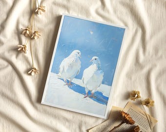 Two Pigeons Oil Painting Poster or Canvas Print, Minimalist Bird Sky Blue and White Art Print, Nature Animal Wall Art Livingroom Wall Decor