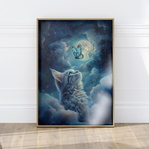 Persian Cat with Blue Eyes And Butterfly on Space Clouds Mystical Painting Poster or Canvas, Full Moon Dark Dreamy Art, Whimsigoth Cat Print