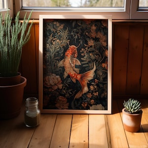 William Morris Goldfisch Kunstdruck oder Leinwand, Vintage Goldfisch Geschenk für Sie im Cottagecore Dark Academia Decor, Mid Century Botanischer Stil