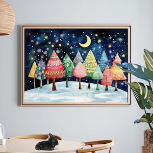 Whimsical Colorful Forest Christmas Starry Night Watercolor Painting Poster or Canvas Print, Snowy Hill Art, Enchanting Holiday Xmas Print