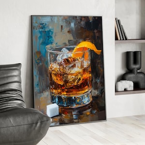 Whiskey Old Fashioned Oil Painting Poster or Canvas, Bourbon Whiskey In Glass Print, Unique Man Cave Decor Perfect Gift For Whiskey Lovers