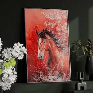 Majestic Red Horse with Cherry Blossoms Flowers Portrait Poster or Canvas Print, Equine Wall Art, Beautiful Horse Modern Farmhouse Decor