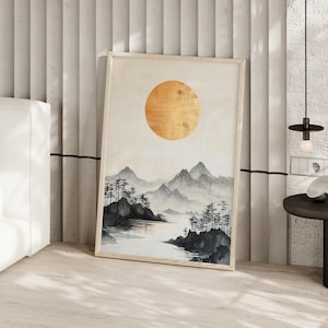 Minimalist Japanese Sunset Painting Poster or Canvas Print, Golden Sun Art Abstract Mountain Landscape, Watercolor Art Print, Zen Aesthetic