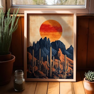 Arizona Desert Under Red Orange Sun Western Wall Art Poster or Canvas Print, Botanical Wall Art, Desert Landscape Art, Desert Cactus Poster