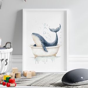 Baby Blue Whale in a Bathtub Watercolor Painting Poster or Canvas, Nursery Wall Decor, Cute Sea Animal Print, Minimalist Whale Tail Print