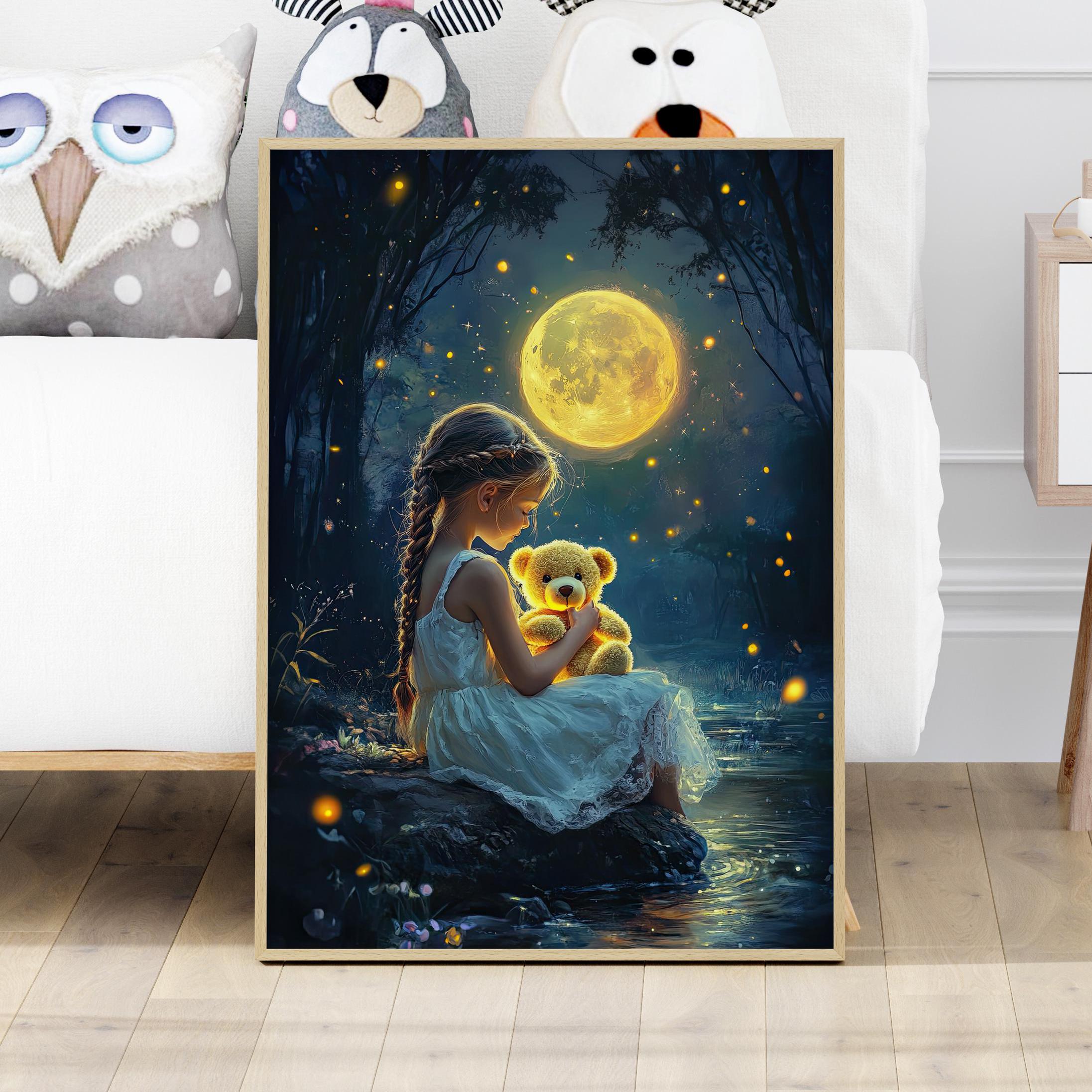 Girl With Teddy Bear Under Moonlight Poster or Canvas, Whimsical