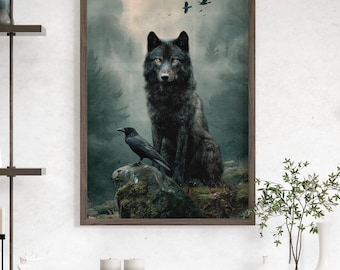 Black Wolf and Raven Art Print Poster or Canvas, Dark Gothic Fantasy Woodland Art, Mystical Forest Wall Decor, Moody Animal Wildlife Poster