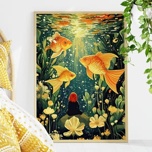 Goldfish and Girl Underwater Art Print Poster or Canvas Print, Fantasy Wall Art, Surreal Art Print, Whimsical Fish Art Botanical Home Decor