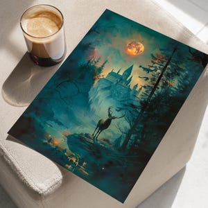 Witchcraft Wizardry Castle Deer Dark Forest Wall Art Poster or Canvas Print, Cottagecore Decor, Dark Academia Magic School Moody Wall Art