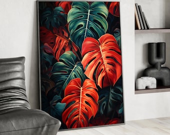 Green and Red Tropical and Palm Leaves Minimalist Wall Art Print or Canvas, Boho Style Botanical Jungle Vibe, Viridian Forest Moody Poster