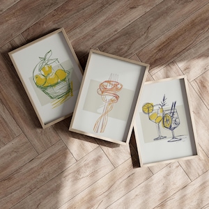 Lemon Cocktail and Pasta Line Art Kitchen Set of 3 Poster or Canvas Print, Bar Cart Art Print, Kitchen Wall Decor, Housewarming Gifts