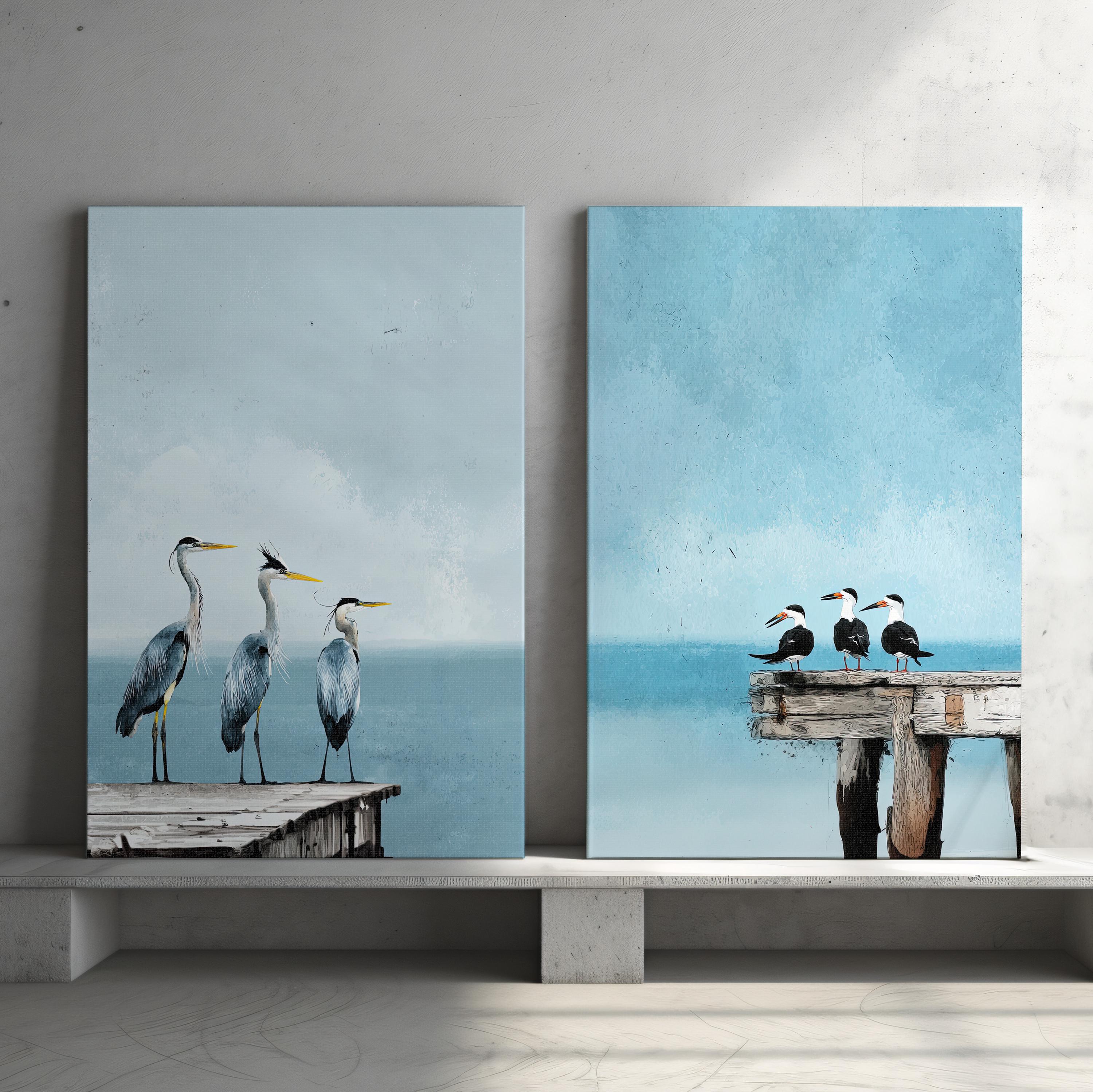 Coastal Birds Wall Art Set of 2 Poster or Canvas Print, Blue Heron and ...