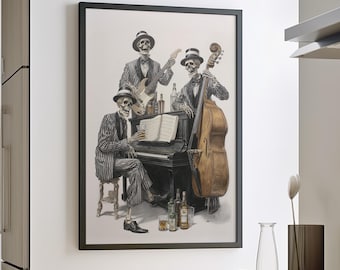Skeleton Jazz Band Wall Art Poster or Canvas Print, Vintage Music Poster, Bourbon Whiskey Print, Funny Skeleton Oil Painting Man Cave Decor