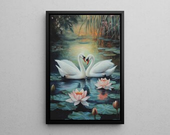 Romantic White Swans on a Lily Pond William Morris Inspires Oil
