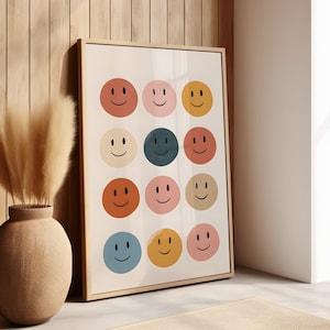 12 Pastel Smiley Faces Nursery Wall Art or Canvas, Baby Art Print, Newborn Gift Nursery Room Decor, Boho Colorful Nursery Wall Decor Poster