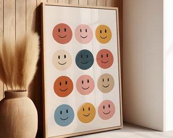 12 Pastel Smiley Faces Nursery Wall Art or Canvas, Baby Art Print, Newborn Gift Nursery Room Decor, Boho Colorful Nursery Wall Decor Poster