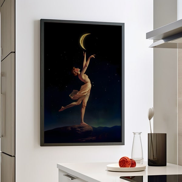 Beautiful Woman Reaching for the Crescent Moon Vintage Classical Painting, Moon Artwork, Dark Academia Woman and Moon Canvas or Poster Print