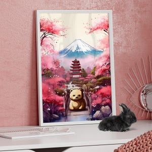 Cute Brown Bear Travel Poster Art Print or Canvas, Brown Bear in Azalea Garden and Pink Cherry Blossom Prints, Cute Cartoon Japan Travel