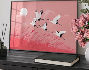 Flying Cranes Pink Wall Art Poster or Canvas Print, Japandi Wall Art, Japanese Style Horizontal Wall Art, Crane Nature Modern Japanese Art