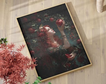 Persephone Pomegranate Wall Art Poster or Canvas Print, Dark Academia Greek Mythology Print, Moody Victorian Cottagecore Floral Goddess Art
