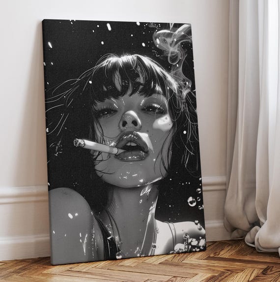 Asian Woman Smoking Black and White Modern Art Print or Canvas, Woman With  Cigar Water Splash Black Poster, Gift for Anime Style Dark