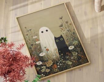 Whimsigoth Black Cat and Ghost in Wildflowers Painting Poster or Canvas Print, Cute Spooky Halloween Art Print, Vintage Cottagecore Decor