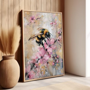 Abelha de mel em flores rosa pôster de pintura vintage ou impressão em tela, impressão de abelha bumble decoração cottagecore, impressão de abelha botânica floral fairycore