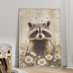 Rustic Racoon in Daisy Flower Field Vintage Painting Poster or Canvas Print, Floral Botanical Art Cottagecore Decor, Earth Tone Wall Art