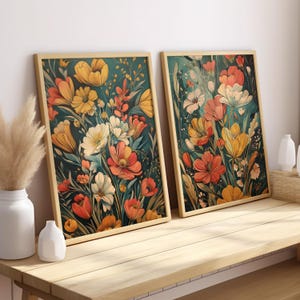 Vintage Boho Wildflowers Set of 2 Wall Art Poster or Canvas Print, Mid Century Floral Art, Cottagecore Botanical Print, Abstract Flower Art