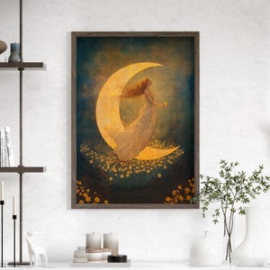 Crescent Moon Goddess Over Daffodil Flowers Ethereal Art Poster or Canvas Print, Celestial Woman Art, Floral Moon Woman Vintage Mystical Art