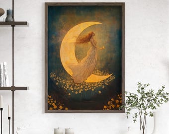 Crescent Moon Goddess Over Daffodil Flowers Ethereal Art Poster or Canvas Print, Celestial Woman Art, Floral Moon Woman Vintage Mystical Art