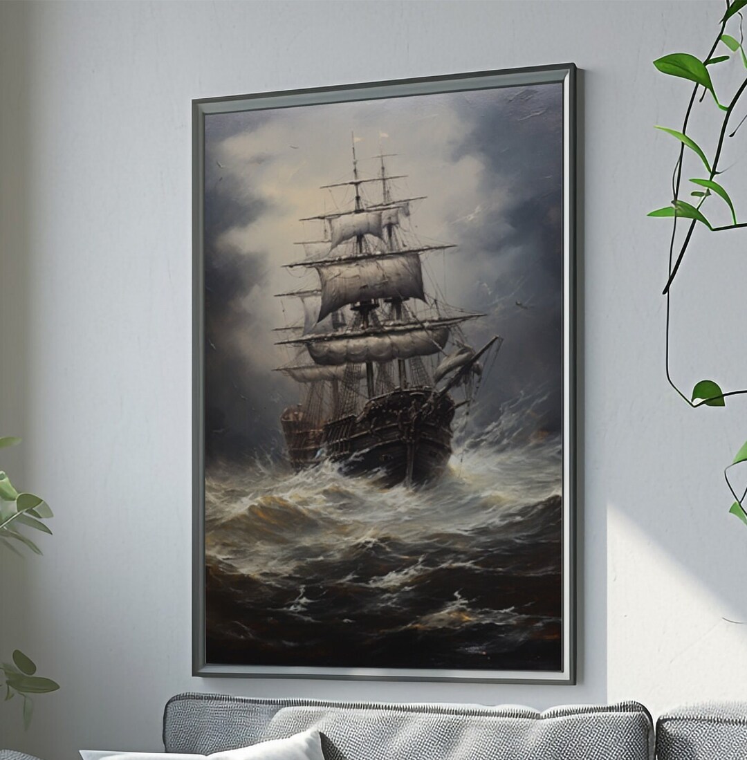 Oil Painting Style Ship on A Stormy Sea Wall Art, Vintage Pirate Ship