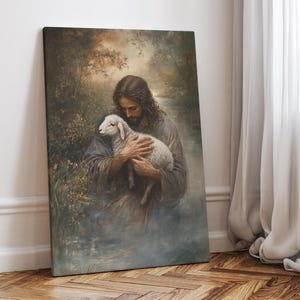 Jesus Holding a Lamb in a Misty Forest Painting Poster or Canvas Print, Countryside Landscape Art, The Good Shepherd Rustic Christian Decor